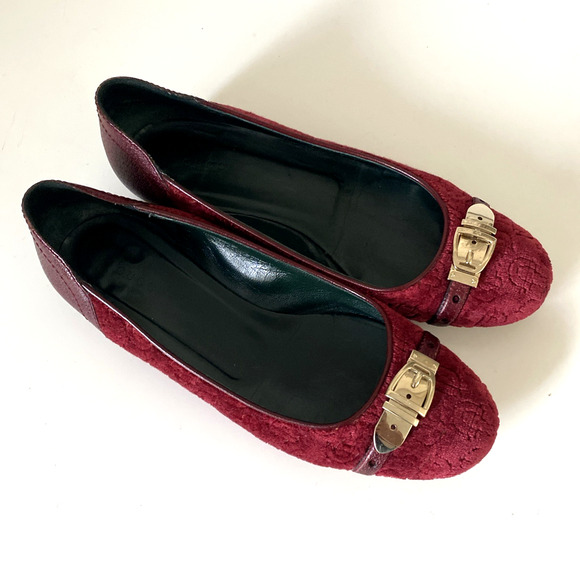 GUCCI Ballet Flat Burgundy Red Velvet Velour Round Toe Gold Buckle Equestrian 9 - Picture 2 of 14